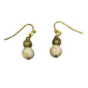 Vintage Gold tone Hook Earrings With White Marbled Beads & Textured Brass Accent